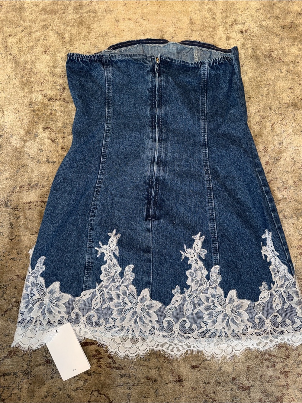 NWT Aiirz Strapless Denim Mini Dress With Lace Floral Appliqué - Picture 7 of 8